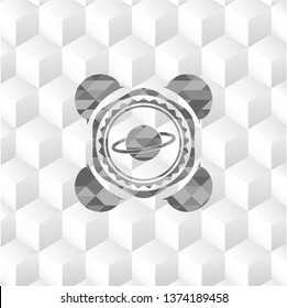 planet, saturn icon inside realistic grey emblem with cube white background