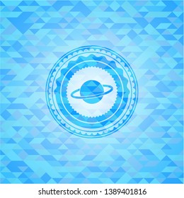 planet, saturn icon inside realistic light blue emblem. Mosaic background
