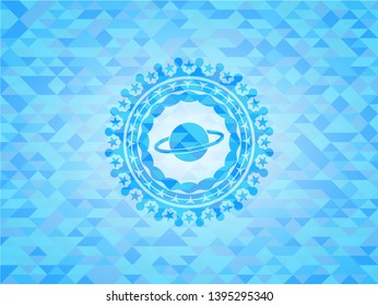 planet, saturn icon inside realistic light blue emblem. Mosaic background