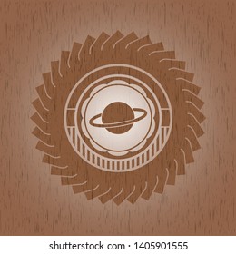 planet, saturn icon inside realistic wood emblem