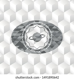 planet, saturn icon inside realistic grey emblem with geometric cube white background