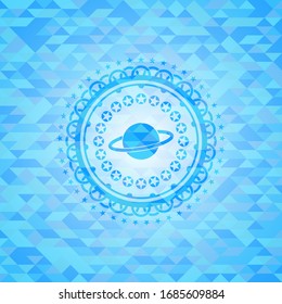 planet, saturn icon inside realistic sky blue mosaic emblem