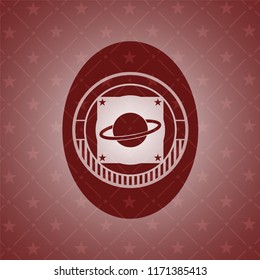 planet, saturn icon inside red emblem. Retro