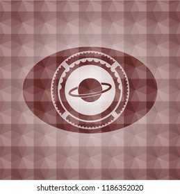 planet, saturn icon inside red seamless emblem or badge with abstract geometric pattern background.