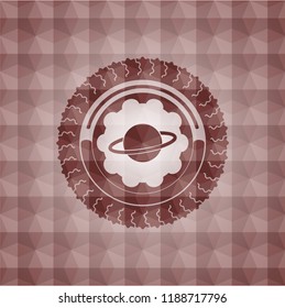 planet, saturn icon inside red seamless emblem or badge with abstract geometric pattern background.