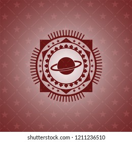 planet, saturn icon inside red emblem. Retro