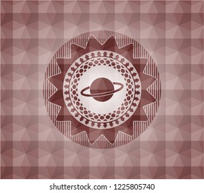 planet, saturn icon inside red seamless emblem or badge with geometric pattern background.