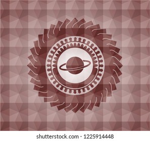 planet, saturn icon inside red polygonal badge. Seamless.