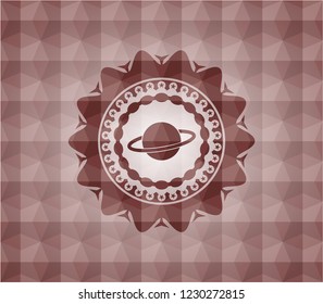 planet, saturn icon inside red seamless emblem with geometric pattern background.