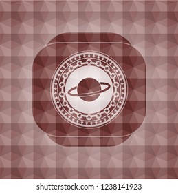 planet, saturn icon inside red seamless badge with geometric background.