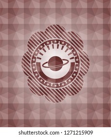 planet, saturn icon inside red seamless badge with geometric pattern background.