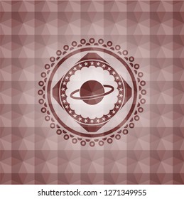 planet, saturn icon inside red seamless emblem with geometric background.