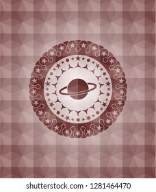 planet, saturn icon inside red geometric badge. Seamless.