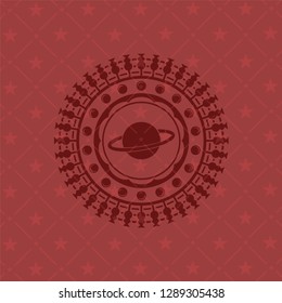 planet, saturn icon inside red emblem. Retro