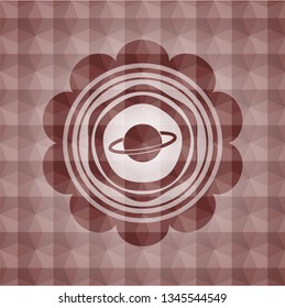 planet, saturn icon inside red emblem or badge with abstract geometric pattern background. Seamless.