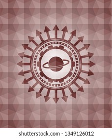 planet, saturn icon inside red geometric pattern emblem. Seamless.