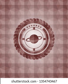 planet, saturn icon inside red emblem or badge with abstract geometric polygonal pattern background. Seamless.