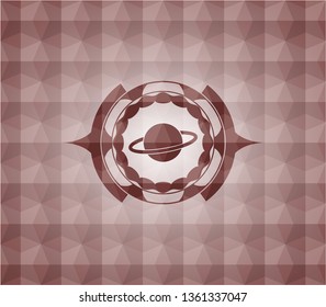 planet, saturn icon inside red seamless emblem with geometric pattern.