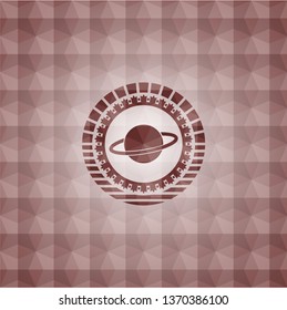 planet, saturn icon inside red seamless emblem or badge with abstract geometric pattern background.