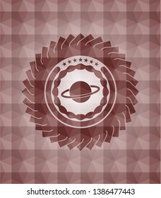 planet, saturn icon inside red seamless geometric badge.