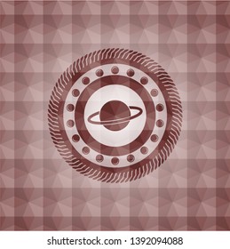 planet, saturn icon inside red emblem with geometric pattern. Seamless.