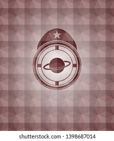 planet, saturn icon inside red badge with geometric pattern. Seamless.