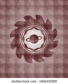 planet, saturn icon inside red seamless emblem with geometric pattern background.
