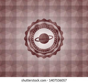 planet, saturn icon inside red seamless emblem with geometric pattern.