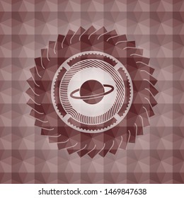 planet, saturn icon inside red geometric emblem. Seamless.