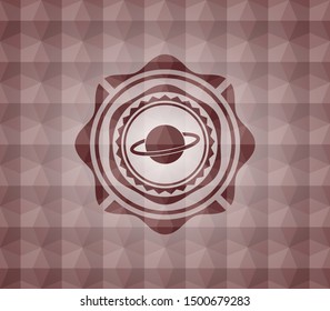 planet, saturn icon inside red seamless emblem or badge with abstract geometric pattern background.