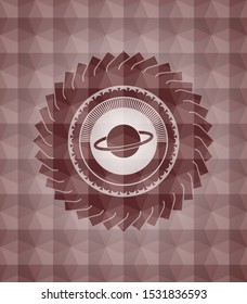 planet, saturn icon inside red badge with geometric pattern. Seamless.