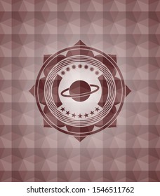 planet, saturn icon inside red seamless emblem or badge with abstract geometric pattern background.