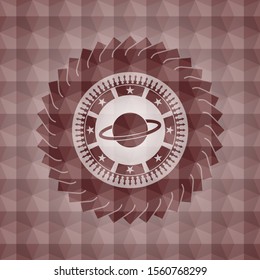 planet, saturn icon inside red emblem or badge with geometric pattern background. Seamless.