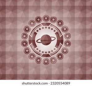 planet, saturn icon inside red seamless emblem with geometric pattern. 