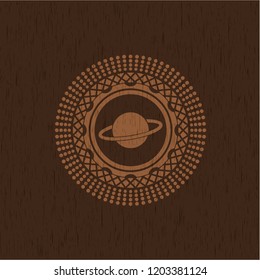 planet, saturn icon inside retro wooden emblem