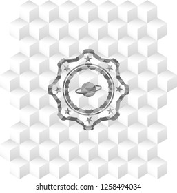 planet, saturn icon inside retro style grey emblem with geometric cube white background