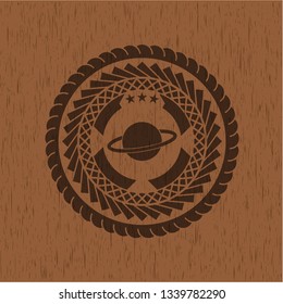 planet, saturn icon inside retro style wooden emblem