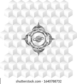 planet, saturn icon inside retro style grey emblem with geometric cube white background