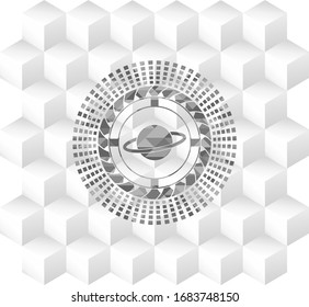 planet, saturn icon inside retro style grey emblem with geometric cube white background