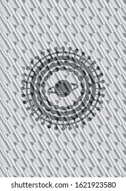planet, saturn icon inside shiny silver badge. Scales pattern. Vector Illustration. Detailed.
