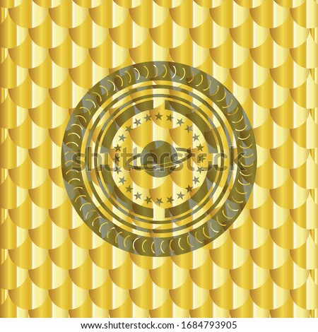 planet, saturn icon inside shiny golden emblem. Scales pattern. Vector Illustration. Detailed.