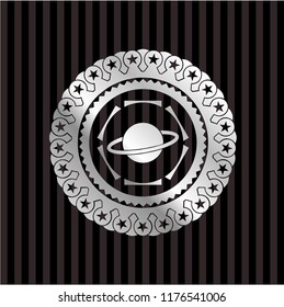 planet, saturn icon inside silver shiny badge