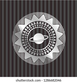 planet, saturn icon inside silver emblem or badge