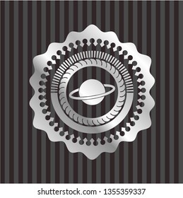 planet, saturn icon inside silver shiny badge