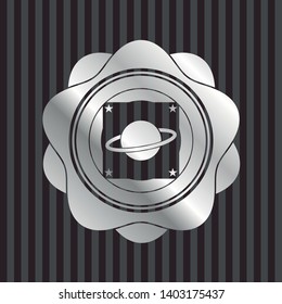 planet, saturn icon inside silver shiny badge