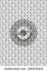 planet, saturn icon inside silver color badge or emblem. Scales pattern. Vector Illustration. Detailed. 