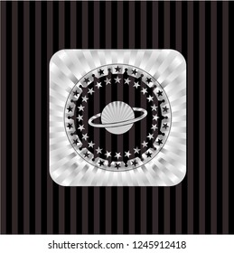 planet, saturn icon inside silvery shiny badge