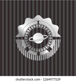 planet, saturn icon inside silvery emblem or badge