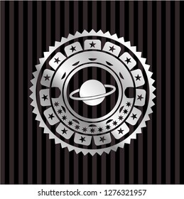planet, saturn icon inside silvery badge or emblem