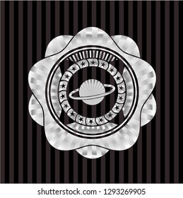planet, saturn icon inside silvery badge or emblem